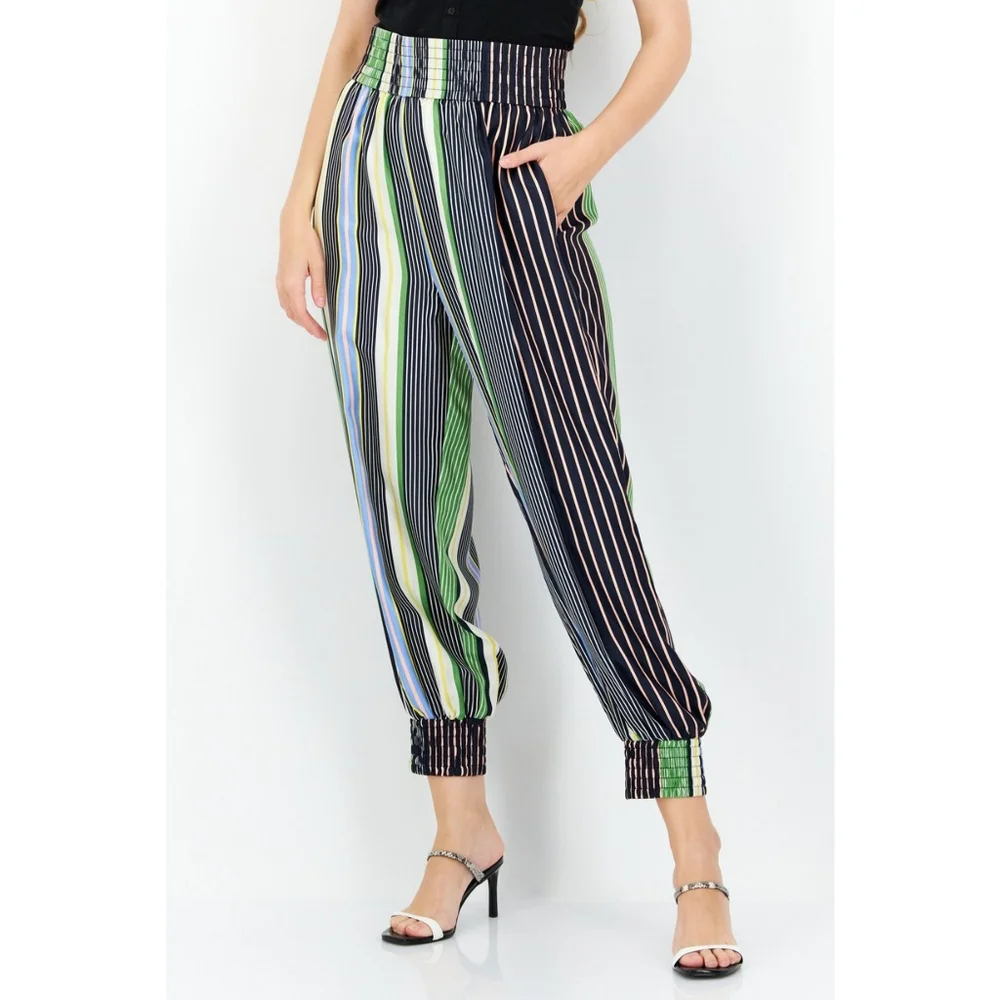 TORY BURCH Silk Pajama Pant Jogger in Field Day Stripes Blue Green Size 4